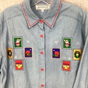 Vtg Westbound Embroidered Novelty Christmas Shirt Size M Chambray Casual Festive